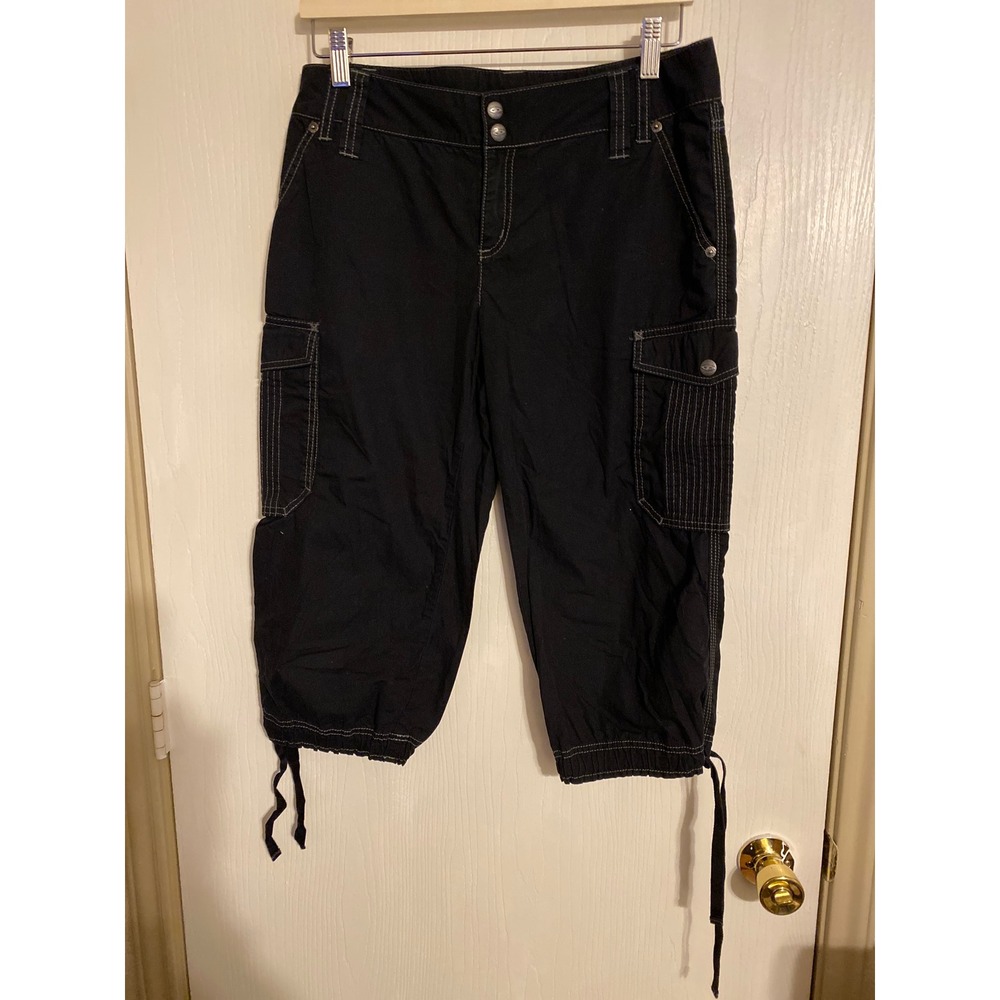 DKNY Active Women Black Cargo Capri Pants Contrast Stitch Cotton Size 4 0192
